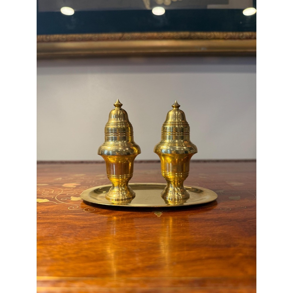 Vintage Brass Salt and Pepper‎ Shaker Set with Tray